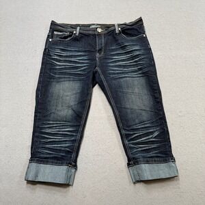 Y2K Miss Rudy Capri Jeans Women's 21/22 Blue Rhinestone Embellished Whiskered
